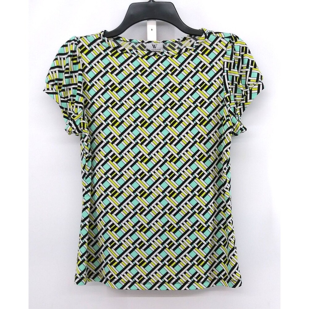 Worthington Blouse Women Size PM Multicolor Geometric Cap Sleeve Casual Top